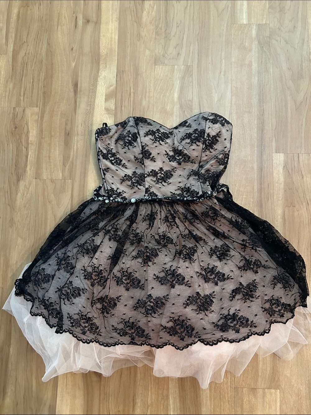 Women’s Black Lace Overlay Party Dress with Blush Underlay